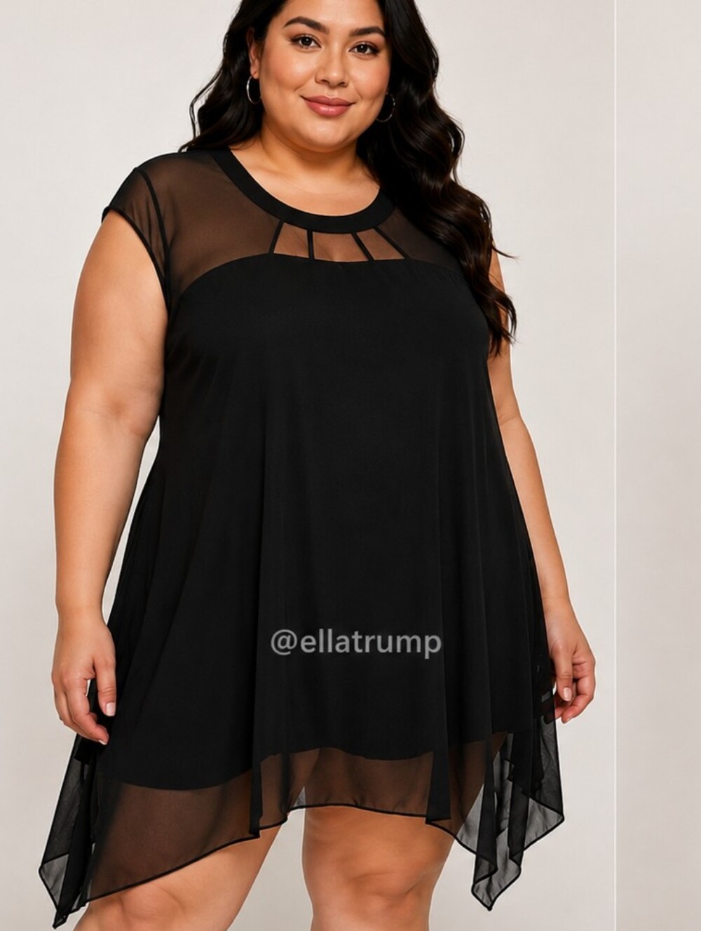 Cha Cha Vente Black Sheer Yoke Tunic Top Handkerchief Hem Women's 3X
